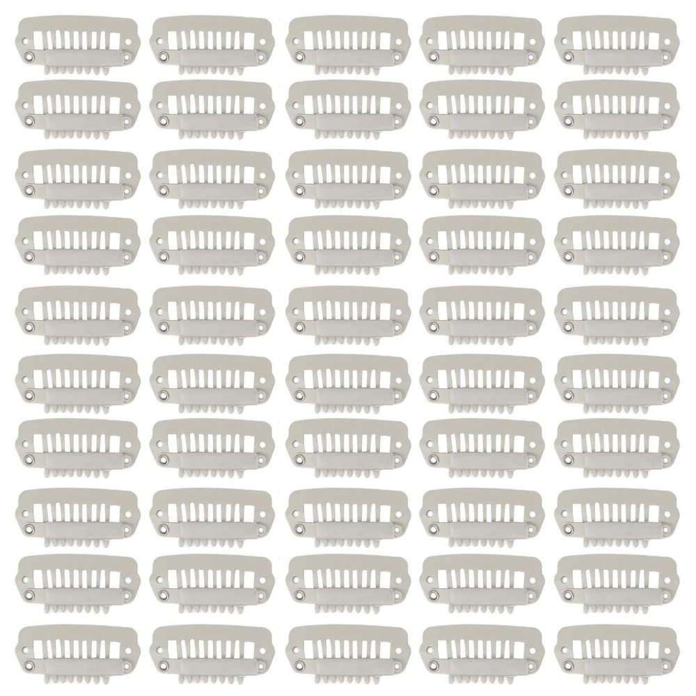 50pcs Hair Extension Clips Set Wig Snap Clips for Hairpiece Wig Accessories Clips Stainless Steel 8 Teeth Snap Comb Wig Clips Accessories 1.1in(Beige)