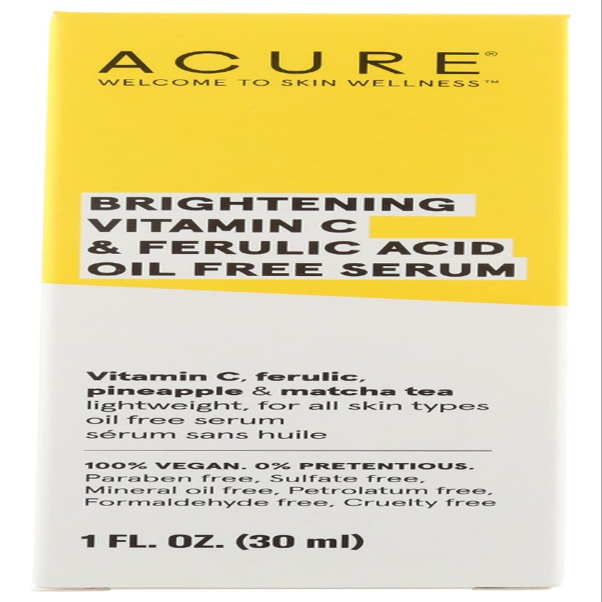 Acure Brightening Vitamin C & Ferulic Acid Serum, For All Skin Types, Oil Free, Paraben Free, 1 Fluid Ounces (Pack Of 1)