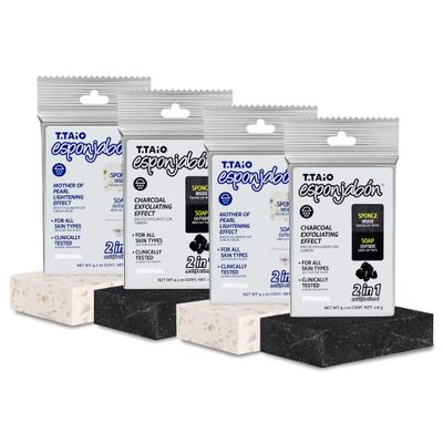 T.Taio Esponjabon Mother of Pearl and Charcoal Soap Sponges  Shower Scrubbers That Remove Oil and Dirt  Sponges to Scrub Foot, Elbow and Face  Bathroom Accessories  Fresh Scent (4-Pack)
