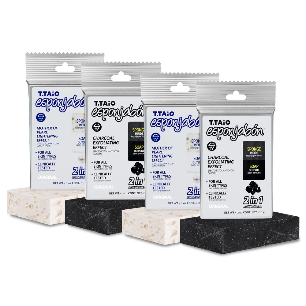T.Taio Esponjabon Mother of Pearl and Charcoal Soap Sponges Shower Scrubbers That Remove Oil and Dirt Sponges to Scrub Foot, Elbow and Face Bathroom Accessories Fresh Scent (4-Pack)