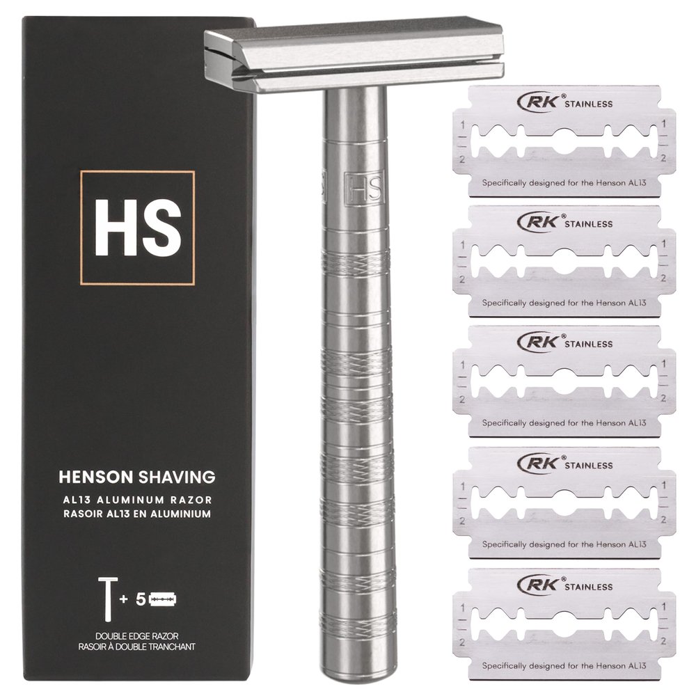 Henson Shaving Razor - Aluminum Double Edge Safety Razor with 5 Spare Blades - 30 Angled Precision With Superior Blade Rigidity- Reusable Single Blade Razors For Men and Women - Mild Aggression