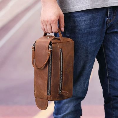 Feilx Toiletry Bag for Mens Large Dopp Kit Double Zipper Travel Shaving Bag Synthetic Leather Cosmetic Bag Toiletries Accessories (Color : Brown, Size : 23cm*13cm*10cm)