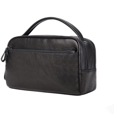 Feilx Classic Black Genuine Leather Toiletry Bag for Men Travel Pouch Shaving Dopp Kit Organizer (Color : Black, Size : 22x7.5x15CM)