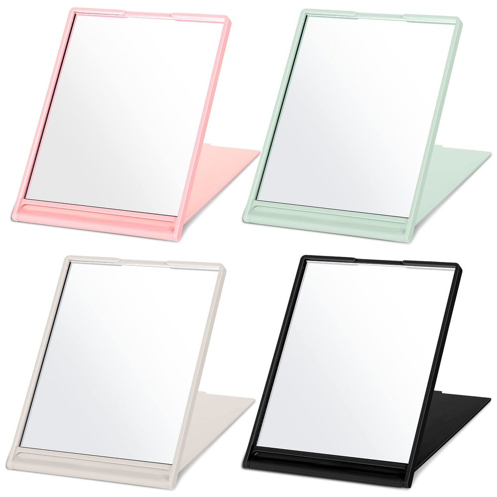 4 Pcs Small Folding Travel Mirror Rectangle Compact Mirror Portable Pocket Mirror Small Makeup Folding Mirror Stand up Vanity Mirror for Women Girls Daily Use, Pink White Green Black, 4.9 x 3.7 Inch