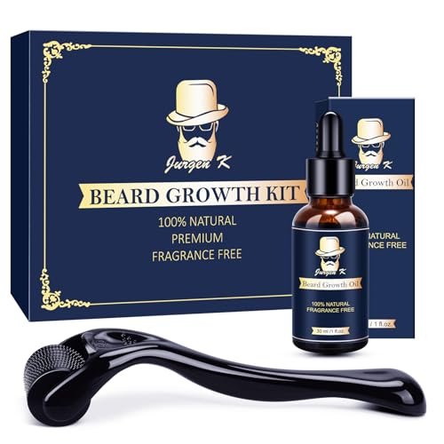 Jurgen K Beard Growth Kit for Men with Beard Growth Oil (2 Packs), Balm, Comb, Beard Massager for Patchy/Spot Facial Hair, Beard Kit for Men's Daily Grooming, Birthday Gifts for Him Boyfriend Husband
