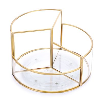 Hipiwe 360 Rotating Makeup Organizer 3-Slot Gold Glass Spinning Cosmetic Display Case Round Vanity Storage Holder Dresser Bathroom Organizer for Prefume Makeup Bushes Lipsticks