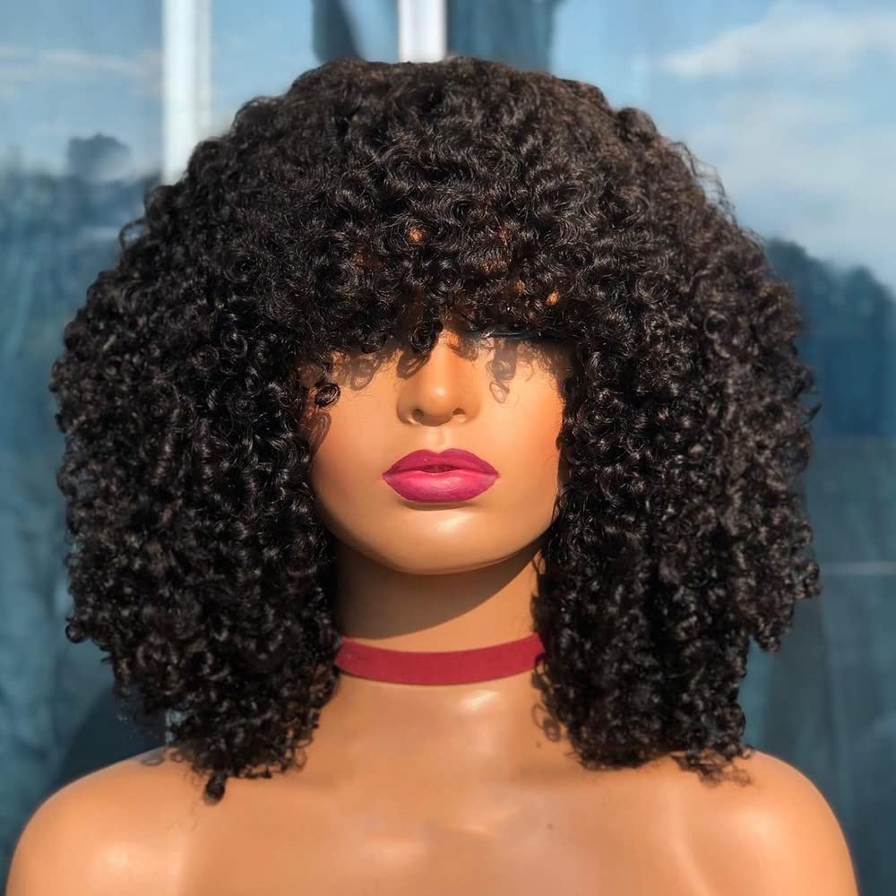 180 Density Afro Kinky Curly Human Hair Wig Brazilian Virgin Human Hair Wigs With Bangs Full Machine Made O Scalp Top Wig Glueless For Black Women 18Inch