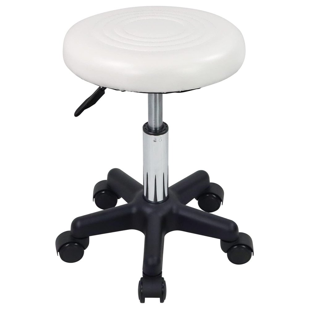 FURWOO Round Swivel Stool with Wheels PU Leather Rolling Stool Height Adjustable for Spa Salon Massage White