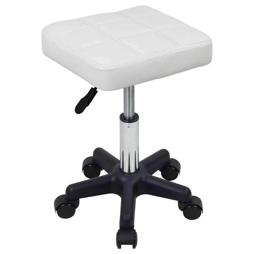 FURWOO Square Swivel Stool with Wheels PU Leather Rolling Stool Height Adjustable for Spa Salon Massage White