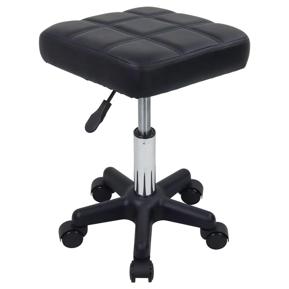 FURWOO Square Swivel Stool with Wheels PU Leather Rolling Stool Height Adjustable for Spa Salon Massage Black
