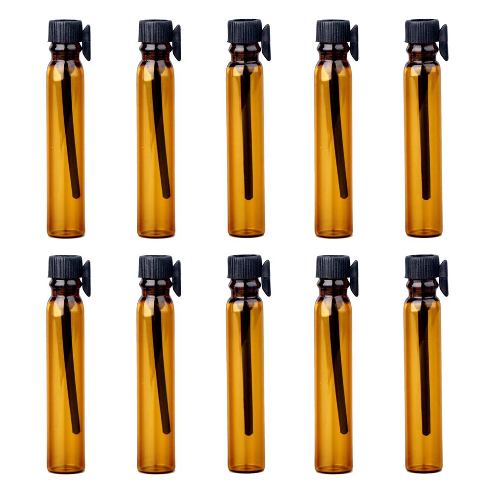 100Pcs 2ml Mini Empty Perfume Sample Bottles Glass Essential Oils Sample Vials with Black Cap Refillable Sample Vial Containers Glass Drop Stick Bottle for Aromatherapy Essential Oil, Amber