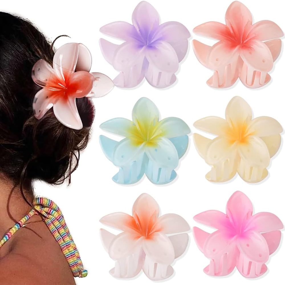 6 Pack Hawaiian Flower Hair Clips,3 Inch Cute Plumeria Clip for Hair,Strong Hold Jaw Clip Barrettes Bohemian Flowers Hair Accessories for Thick Hair,Gifts for Women Girls