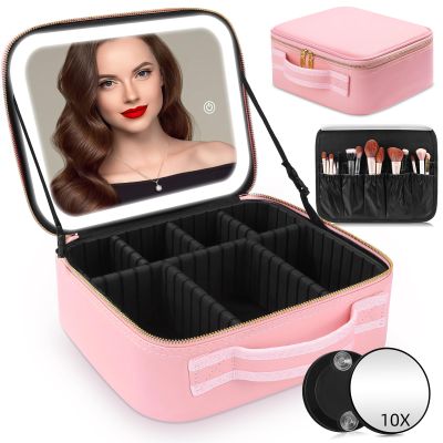 RRtide Makeup Bag with Mirror of LED Lighted, Travel Makeup Train Case Cosmetic Bag Organizer with Mirror and Lights, Make up Bag with Light up Mirror Adjustable Divider Brush Board