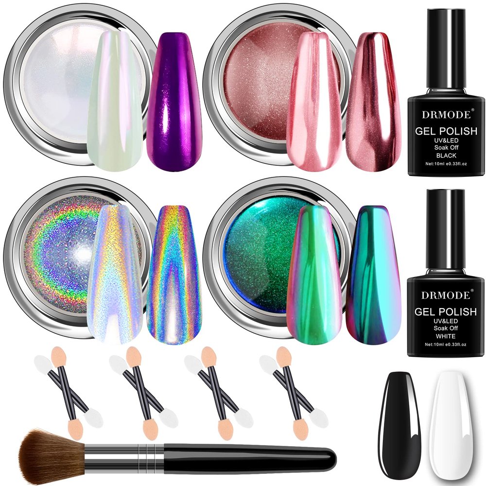 Chrome Nail Powder -White Pearl Clear Unicorn Iridescent Holographic Metallic Mirror Chrome Powder for Nails, Chameleon Rose Gold Purple Glitter Pigment