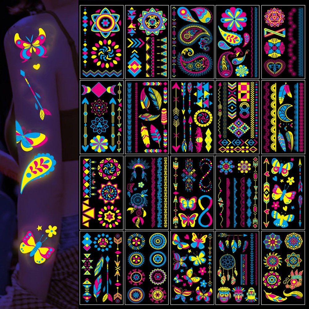 Glow in The Dark Tattoos 170 PCS Neon UV Black Light Reactive Temporary Tattoos Glow Party Supplies Decorations Stickers for Adult Teens