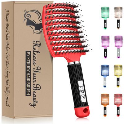 KTKUDY Detangling Brush Boar Bristles Hair Brush Make Hair Shiny & Healthier Curved and Vented Detangler Brush for Women Men Kids Wet and Dry Hair (Red)