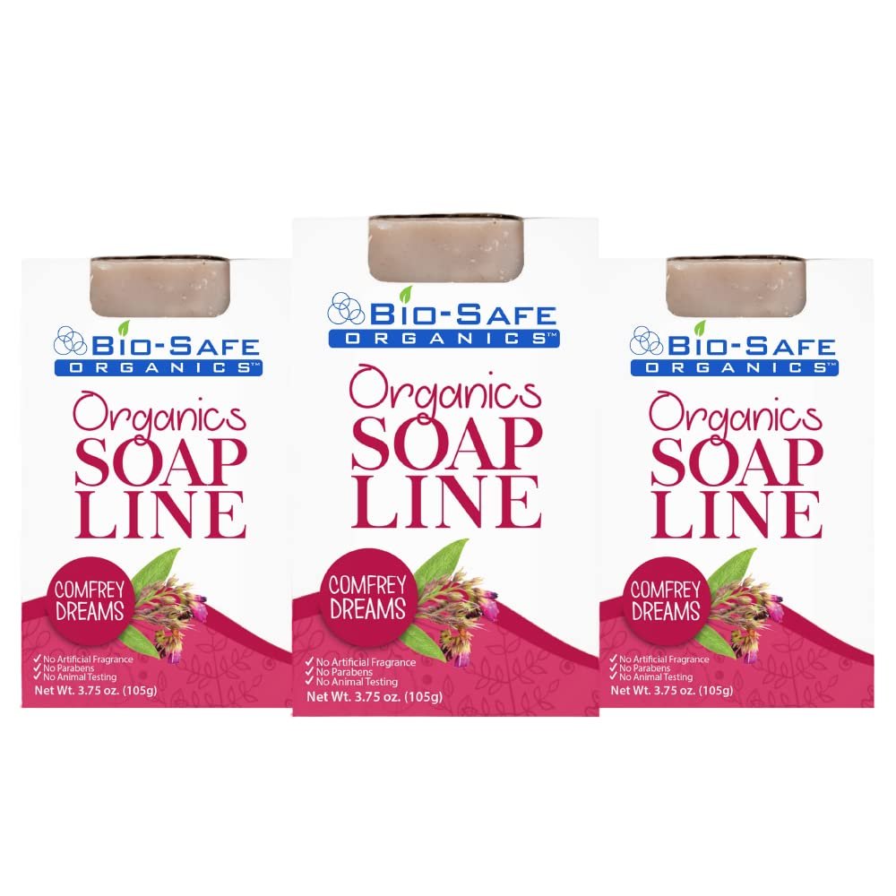 Bio-Safe Organics Organic Natural Handmade Comfrey Dreams Soap Bar, Exfoliating Shampoo Bar, Essential Oils, All Skin Types, No GMO, SLS & Chemical, Made in the USA - 3.75-3 Pack