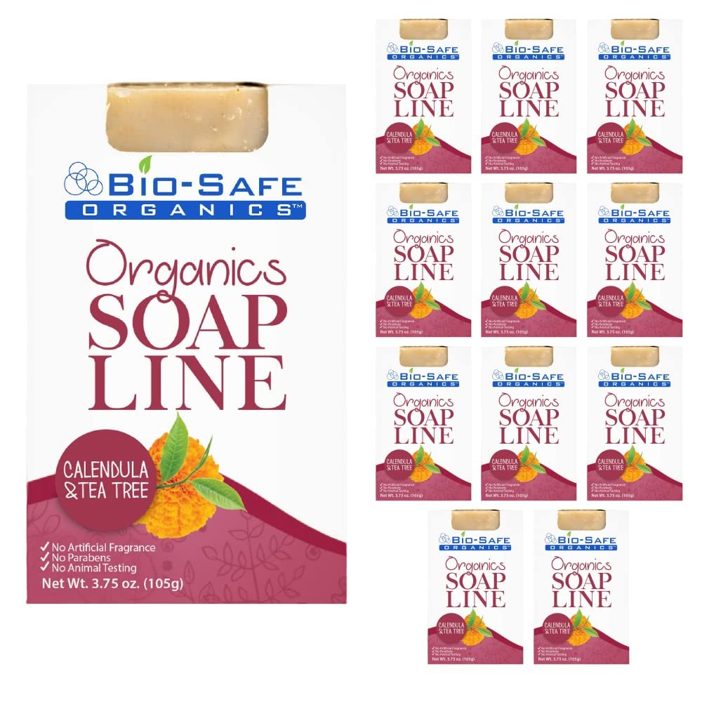 Bio-Safe Organics Organic Handmade Calendula & Tea Tree - 100% Handmade Organic Soap - Exfoliating Bath Soap - All Natural - Moisturizing with Pleasure Fragrance - 12 Pack