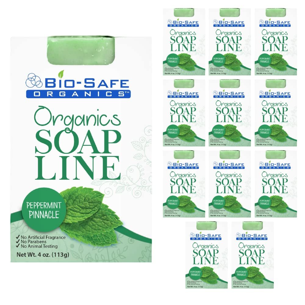 Bio-Safe Organics | Natural Organic Handmade Peppermint Pinnacle Soap | 100% Handmade Organic Soap | Exfoliating Soap Bar | All Natural Soap Bar | Moisturizing Bar Soap | Vegan | 12 Pack