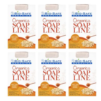 Bio-Safe Organics Organic Handmade Natural Sweet Shea & Honey Oatmeal Soap, Exfoliating Shampoo Bar, Essential Oils & Organic Ingredients, Handmade, Men, Women, Made in the USA - 4 oz - 6 Pack
