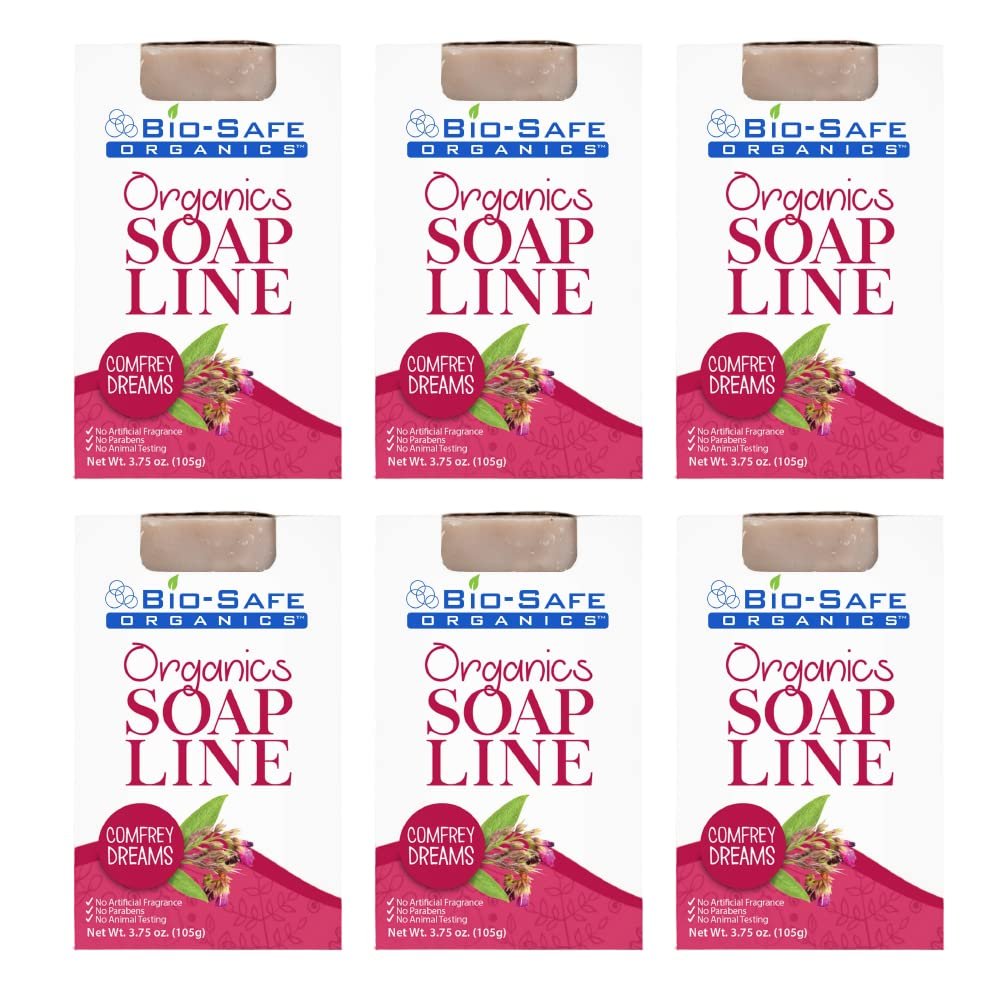 Bio-Safe Organics Organic Natural Handmade Comfrey Dreams Soap Bar, Exfoliating Shampoo Bar, Essential Oils, All Skin Types, No GMO, SLS & Chemical, Made in the USA - 3.75-6 Pack