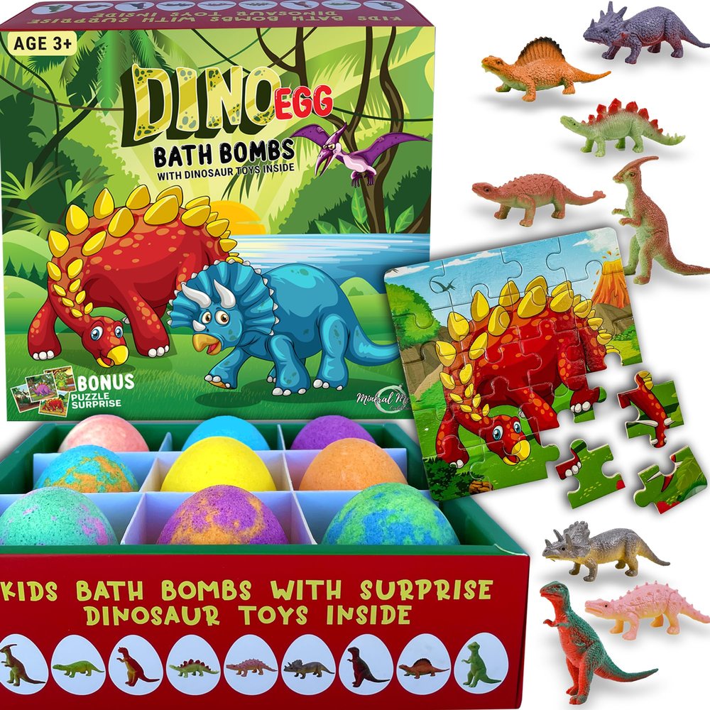 Bath Bombs for Kids with Surprise Toys Inside Plus Dinosaur Puzzle - Set of 9 Organic Dino Egg Bath Bombs, Gentle and Kids Safe, Fizzy Balls with Rich Bubbles, Birthday Gifts for Boys, Girls