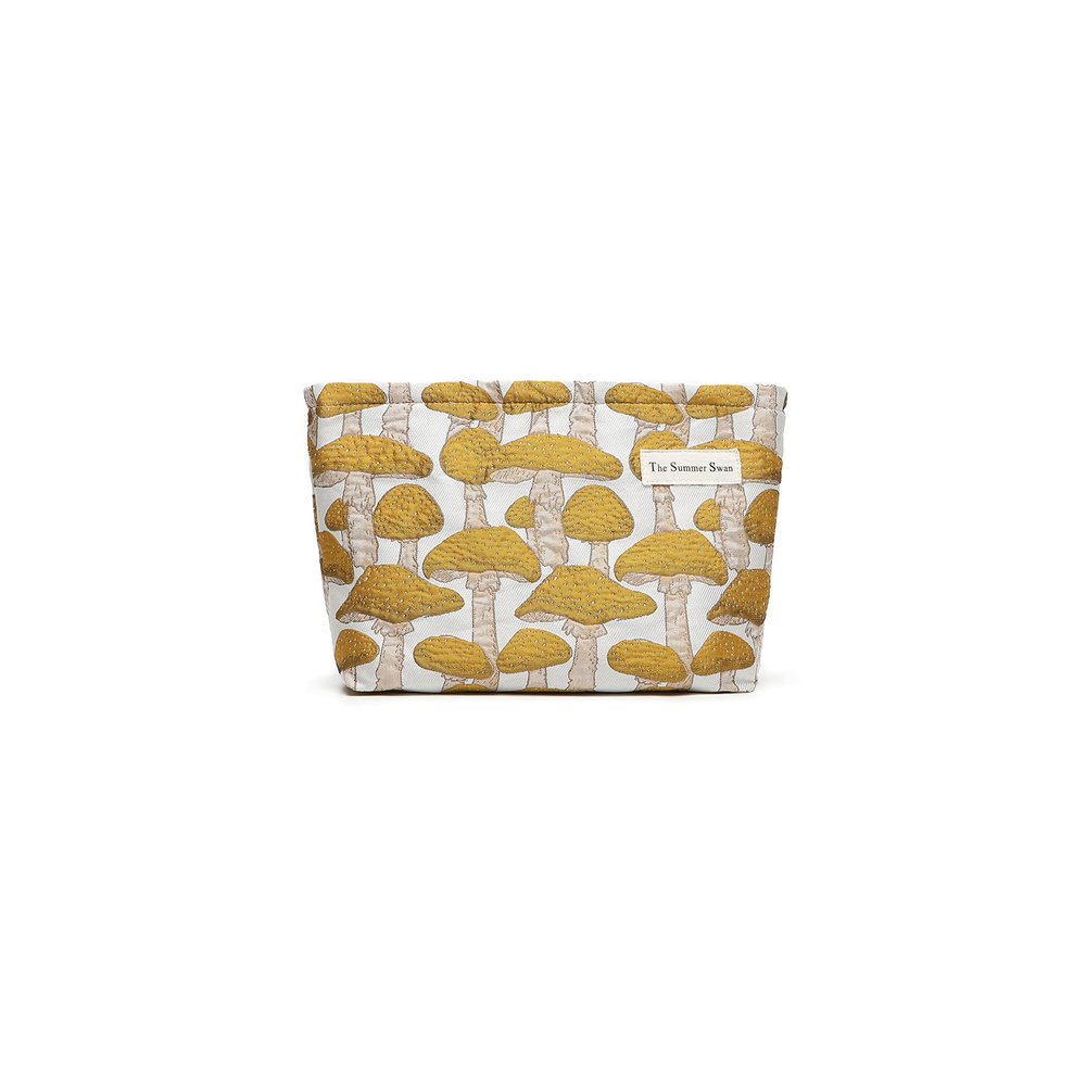 The Summer Swan | Floral Cosmetic BagLarge Aesthetic Travel Makeup and Personal Item Pouch For Purse | Skincare Bag (Mushroom Yellow)