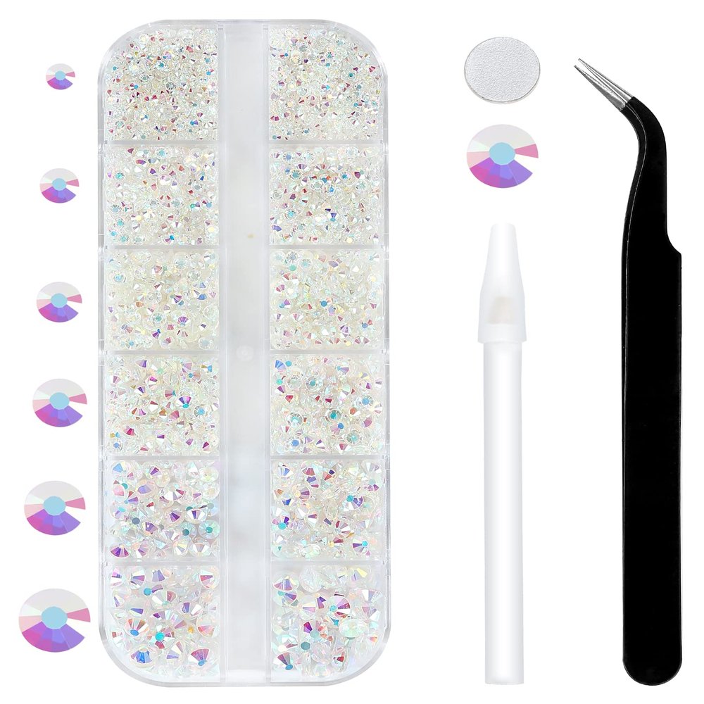 12 Grids 3792pcs Transparent AB Flatback Rhinestones Set for Nail, Art, Crafts, Makeup, Tumblers Glitter Round with Tweezers and Picking Pen(SS6~SS20)