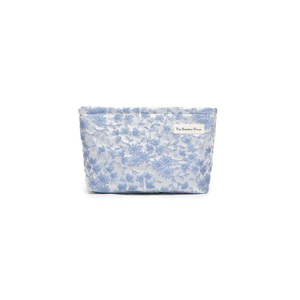 The Summer Swan | Floral Cosmetic BagLarge Aesthetic Makeup Bag Travel Personal Item Preppy Pouch Skincare (Embroidery Blue)