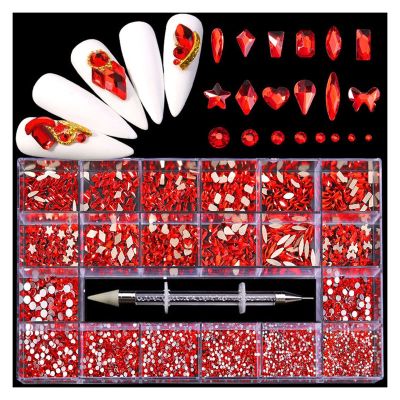LiFBeauTiFul Luxury Shiny Diamond Nail Art Rhinestones Kit Glass Crystal Decorations Set 1pcs Pick Up Pen in Grids Box 21 Shapes of 2500pcs Home (Color : Red 2500pcs)