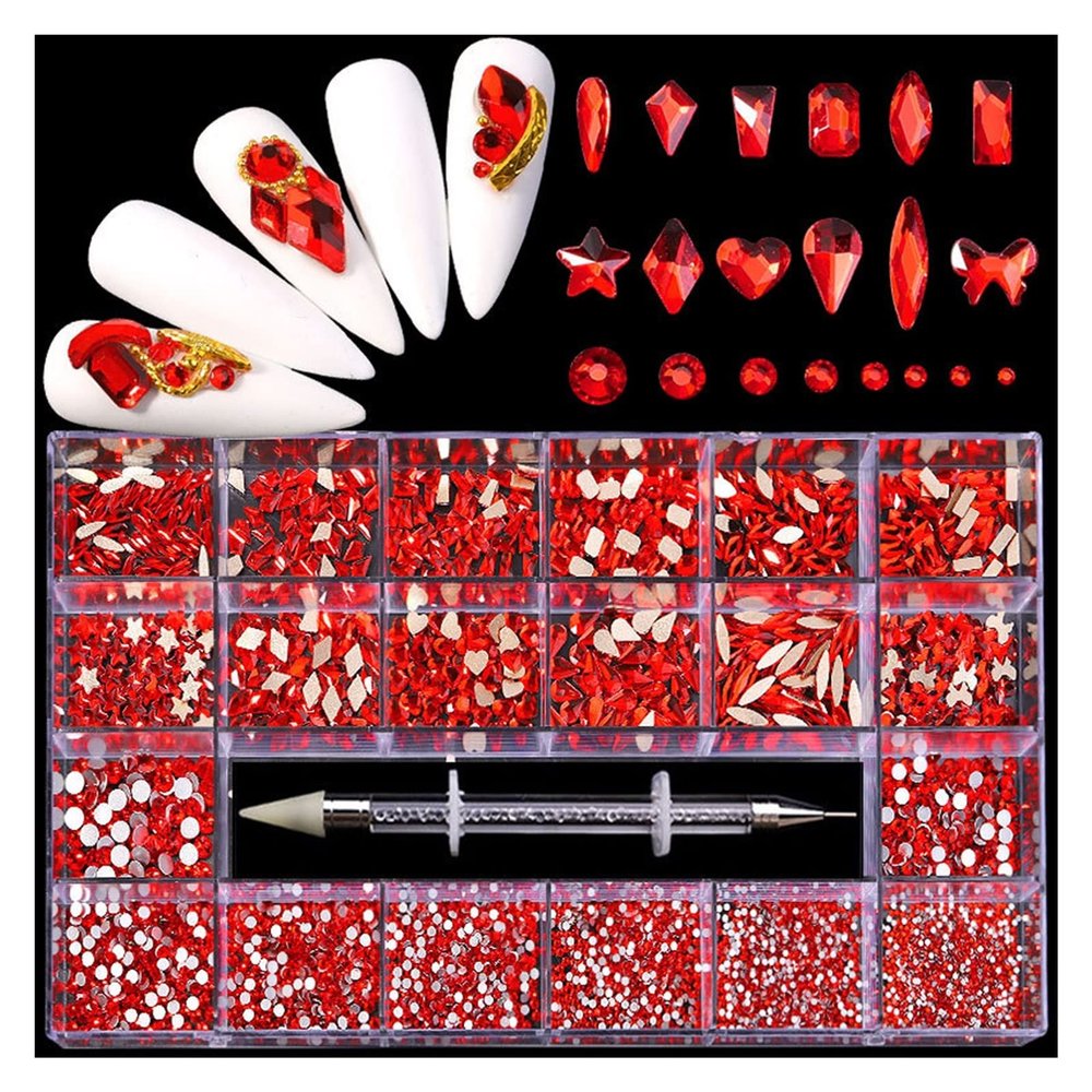LiFBeauTiFul Luxury Shiny Diamond Nail Art Rhinestones Kit Glass Crystal Decorations Set 1pcs Pick Up Pen in Grids Box 21 Shapes of 2500pcs Home (Color : Red 2500pcs)
