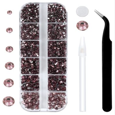 12 Grids 3792pcs Lt.Amethyst Flatback Rhinestones Set for Nail, Art, Crafts, Makeup, Tumblers Glitter Round with Tweezers and Picking Pen(SS6~SS20)