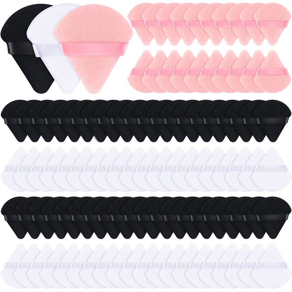 Meanplan 100 Pcs Powder Puff Face Soft Makeup Sponge Triangle Powder Puffs for Loose Velour Cosmetic Foundation Wet Dry Sponge Makeup Tools(Black, White, Pink)