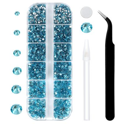 3792 Pcs Aquamarine Flatback Rhinestones Set for Nail, Art, Crafts, Makeup, Tumblers Glitter Round with Tweezers and Picking Pen(SS6~SS20)