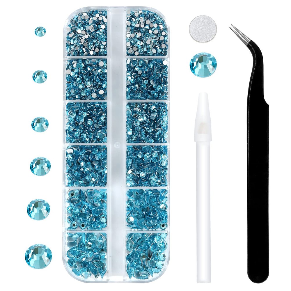 3792 Pcs Aquamarine Flatback Rhinestones Set for Nail, Art, Crafts, Makeup, Tumblers Glitter Round with Tweezers and Picking Pen(SS6~SS20)
