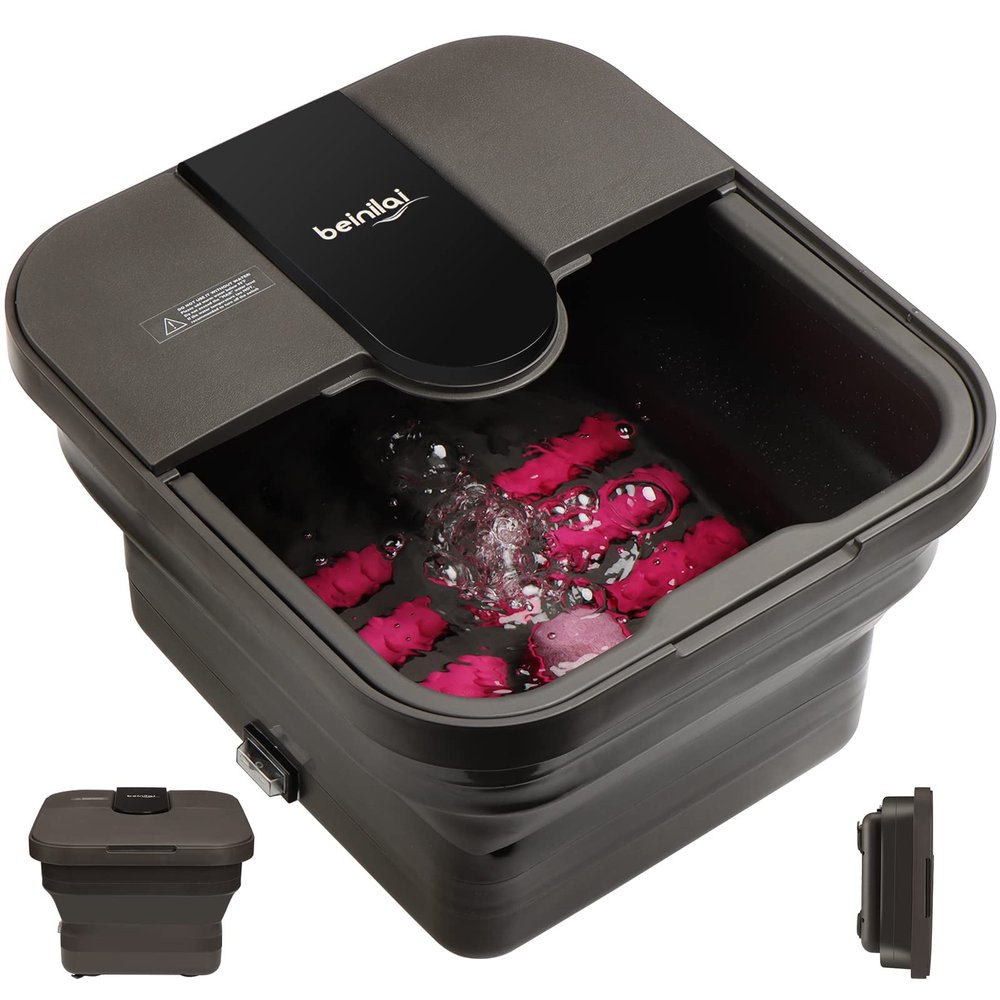 Beinilai Collapsible Foot Spa,Foot Bath with Heat and Massage and Bubble Jets,Foot Soak Tub with Six Non Motorized Rollers,Acupressure Massage Points,Red Light and Removable Pumice Stone