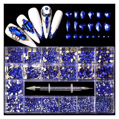 LiFBeauTiFul Luxury Shiny Diamond Nail Art Rhinestones Kit Glass Crystal Decorations Set 1pcs Pick Up Pen in Grids Box 21 Shapes of 2500pcs Home (Color : Blue 2500pcs)