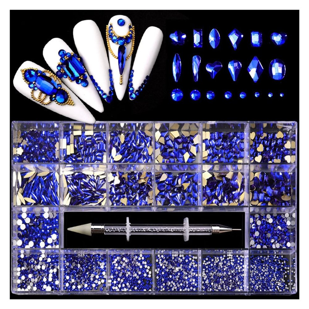 LiFBeauTiFul Luxury Shiny Diamond Nail Art Rhinestones Kit Glass Crystal Decorations Set 1pcs Pick Up Pen in Grids Box 21 Shapes of 2500pcs Home (Color : Blue 2500pcs)