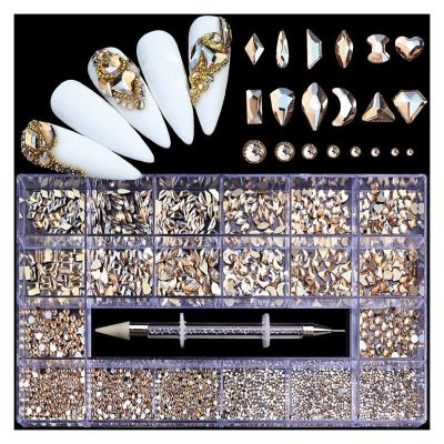 LiFBeauTiFul Luxury Shiny Diamond Nail Art Rhinestones Kit Glass Crystal Decorations Set 1pcs Pick Up Pen in Grids Box 21 Shapes of 2500pcs Home (Color : Peach 2500pcs)