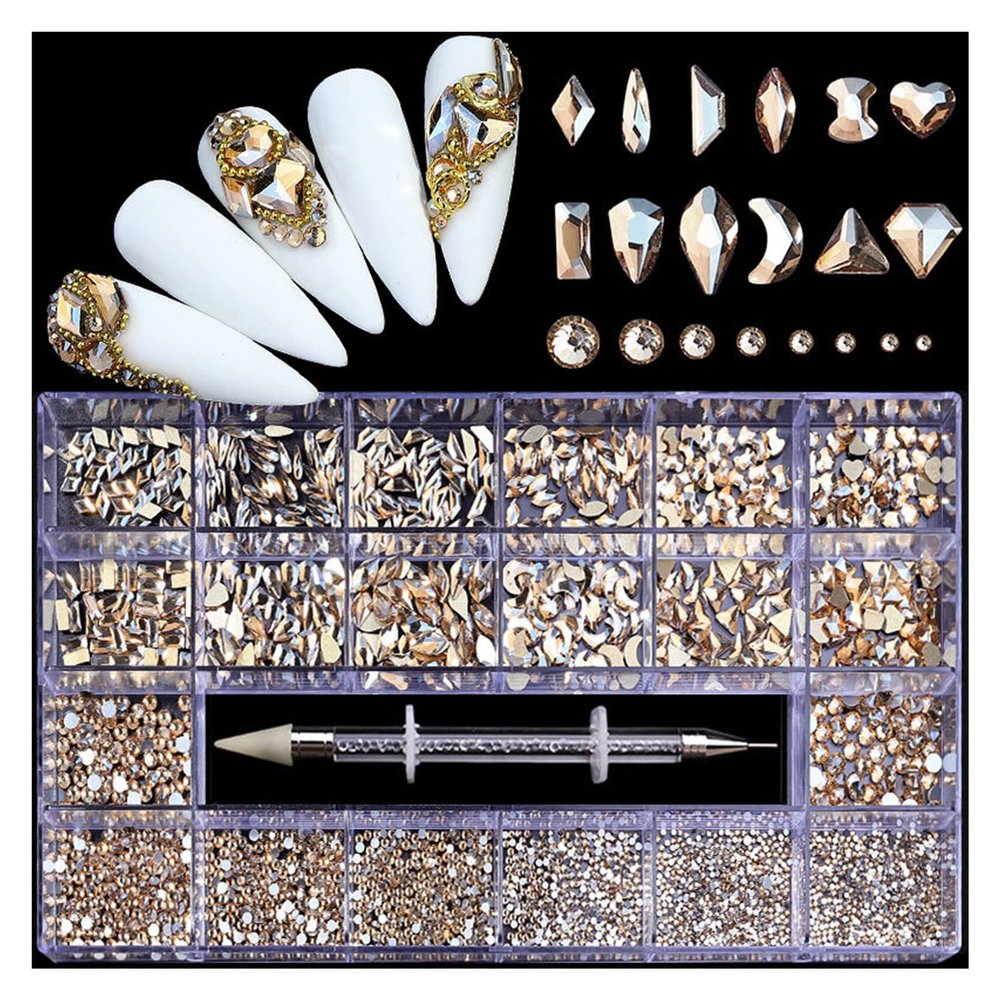 LiFBeauTiFul Luxury Shiny Diamond Nail Art Rhinestones Kit Glass Crystal Decorations Set 1pcs Pick Up Pen in Grids Box 21 Shapes of 2500pcs Home (Color : Peach 2500pcs)