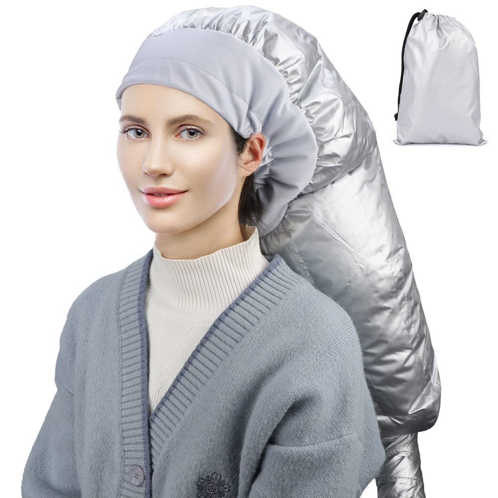 Segbeauty Bonnet Hooded Hair Dryer Attachment, Extra Large Upgraded Drying Heat Cap with Elastic Strap, Adjustable Deep Conditioning Cap for Natural Curly Textured Hair Care Styling Fast Drying Sliver