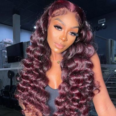 13x6 HD Transparent Lace Front Human Hair Wig Burgundy #99J Wig With Baby Hair Deep Wave 150% Density Natural Hairline Glueless Water Wave Brazilian Pre-Plucked Virgin Hair for Black Women 18 Inch