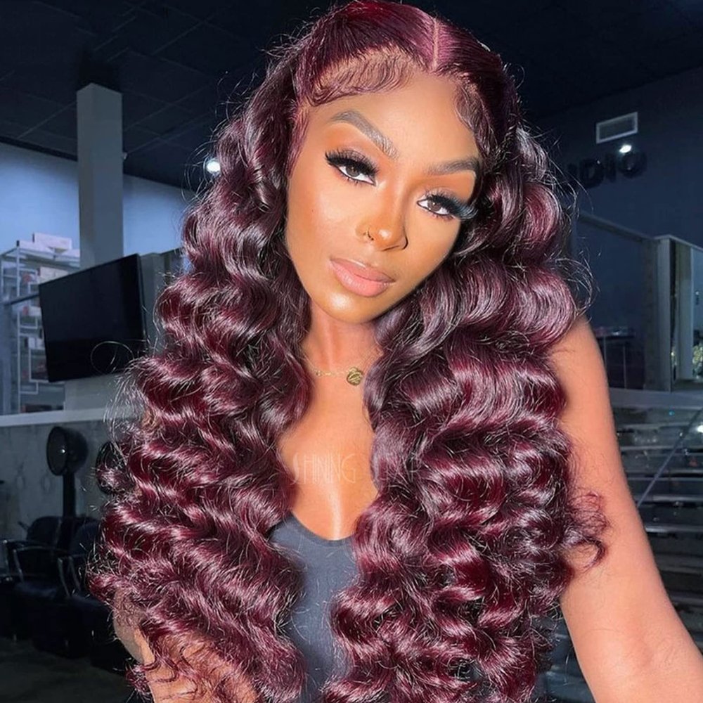 13x6 HD Transparent Lace Front Human Hair Wig Burgundy #99J Wig With Baby Hair Deep Wave 150% Density Natural Hairline Glueless Water Wave Brazilian Pre-Plucked Virgin Hair for Black Women 18 Inch