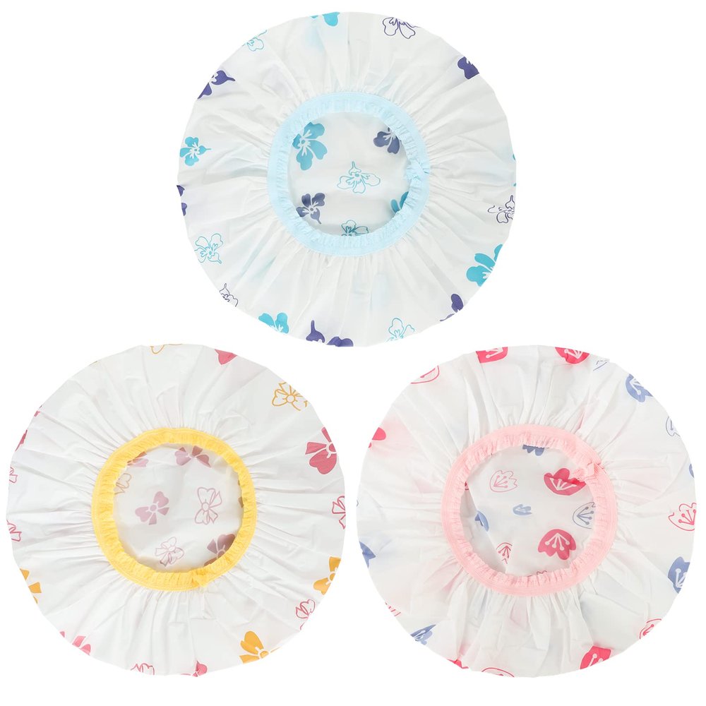 Waterproof Shower Caps, 3 Pcs Plastic Reusable Shower Caps Elastic Band Bath Caps for Women, Kids (Flower)