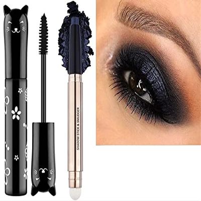 MAY FOLTREN 2 Pack Eyeshadow Stick and Cat Eye Black Mascara Set, Cream Shimmer Smooth Eyeshadow Pencil, Waterproof Hypoallergenic Volumizing Lengthening Mascara, Multi-Dimensional eyes Look