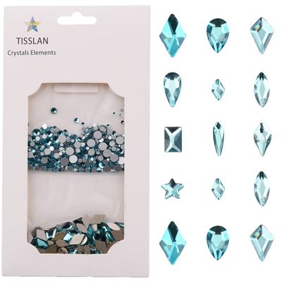 Tisslan 820pcs Flatback Crystals Aquamarine Glass Rhinestones for Nail Art Decoration DIY Crafts Non-hot Fix Mix Size Round Gem Beads Bulk Set Pack