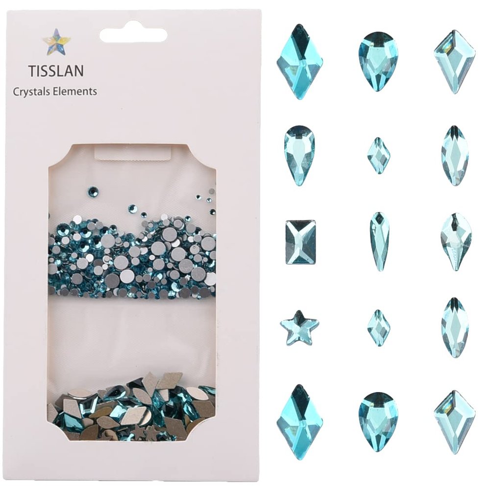 Tisslan 820pcs Flatback Crystals Aquamarine Glass Rhinestones for Nail Art Decoration DIY Crafts Non-hot Fix Mix Size Round Gem Beads Bulk Set Pack