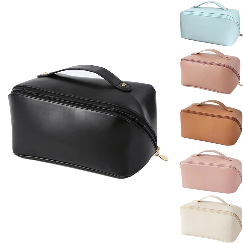 Large-Capacity Travel Cosmetic Bag- Soft PU Leather with Dividers and Elastic Pocket, Portable Waterproof Multi Layer Makeup Bag, Versatile Roomy Zipper Pouch Toiletry Bag for Women (Black)