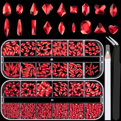 18 Styles Multi-Shaped Glass Gemstones for Nails and 6 Sizes Round Crystal Rhinestones Kit #3, Red Nail Art Charm Bead Manicure Decoration with Pickup Pencil and Tweezer