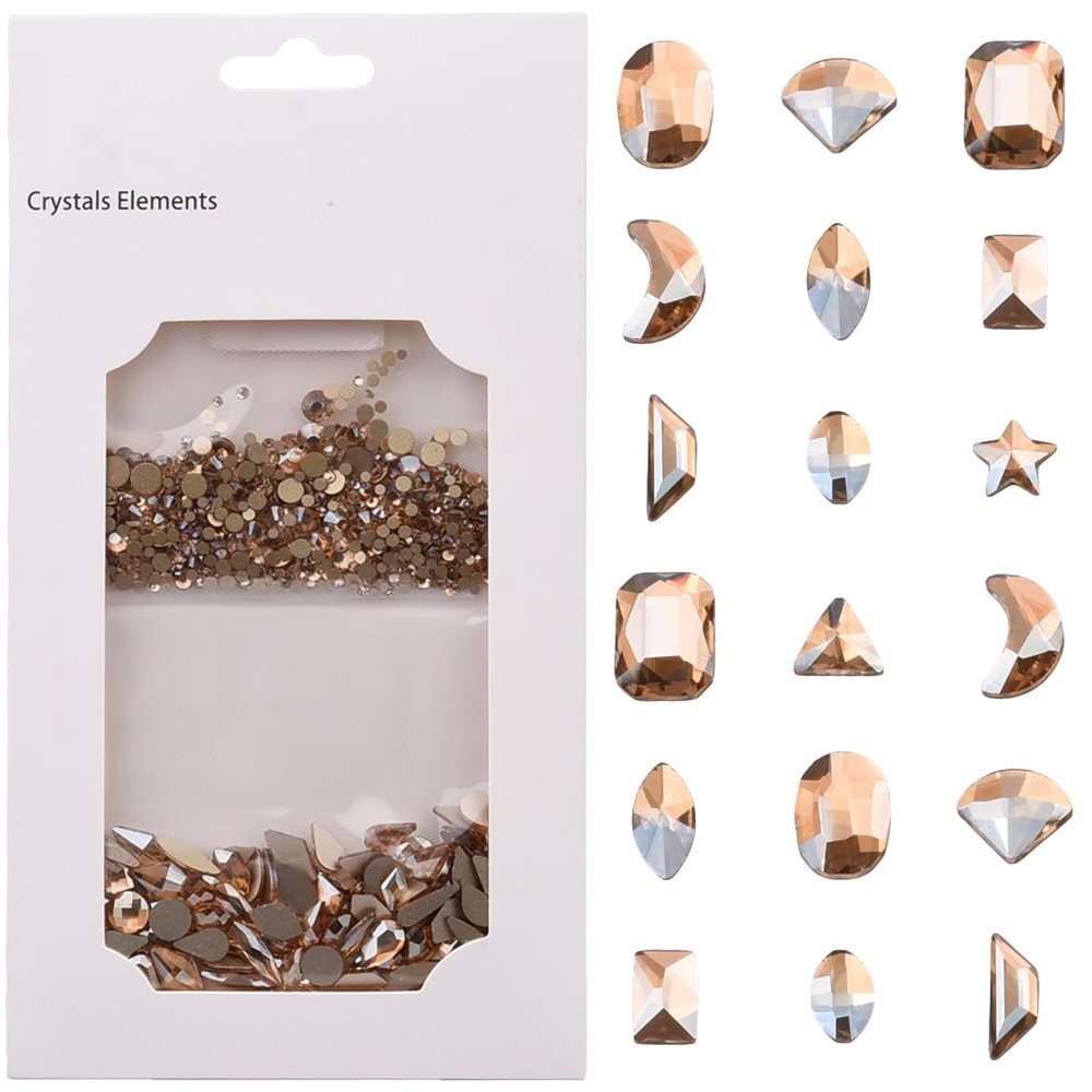 Tisslan 100pcs Multi Shape Glass Flatback Golden Shadow Nail Rhinestones 720pcs Loose Round Beads Diamond Mix Size Bulk Pack for Nails Art Supply